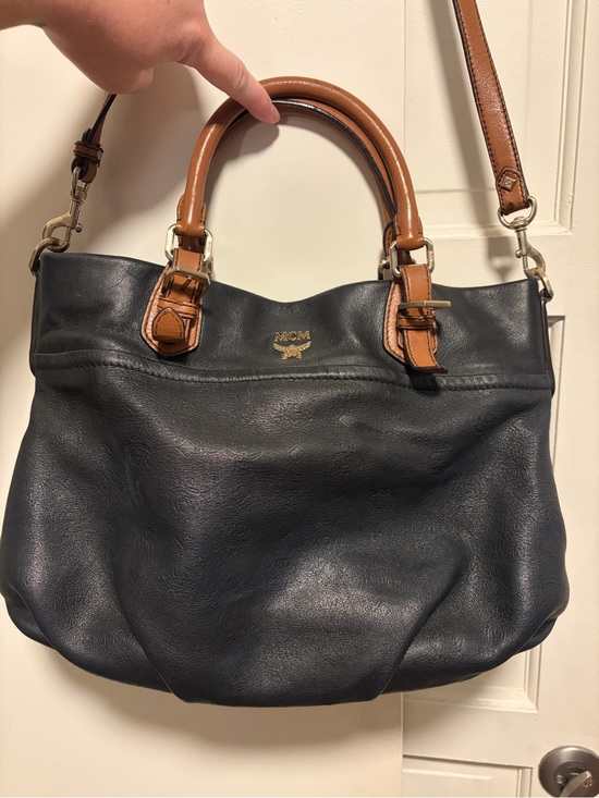 MCM Handbags - MCM Black Leather Tote with Brown Handles and Strap